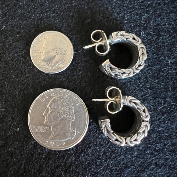 Lois Hill Hand Carved Scroll Chunky Post Hoop Earrings Sterling Silver 6" Drop - Picture 8 of 17